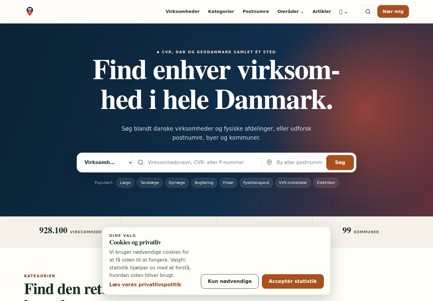 Postage DK homepage with a Danish business search and categories powered by official public data.