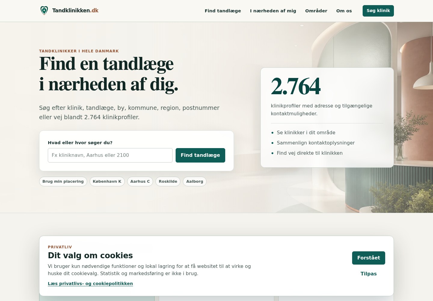 Tandklinikken.dk search page for finding dental clinics by location across Denmark.