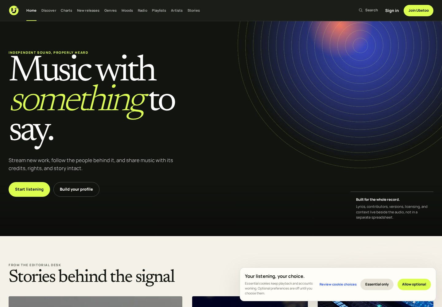 Ubetoo music platform homepage with the headline Music with something to say and featured music stories.